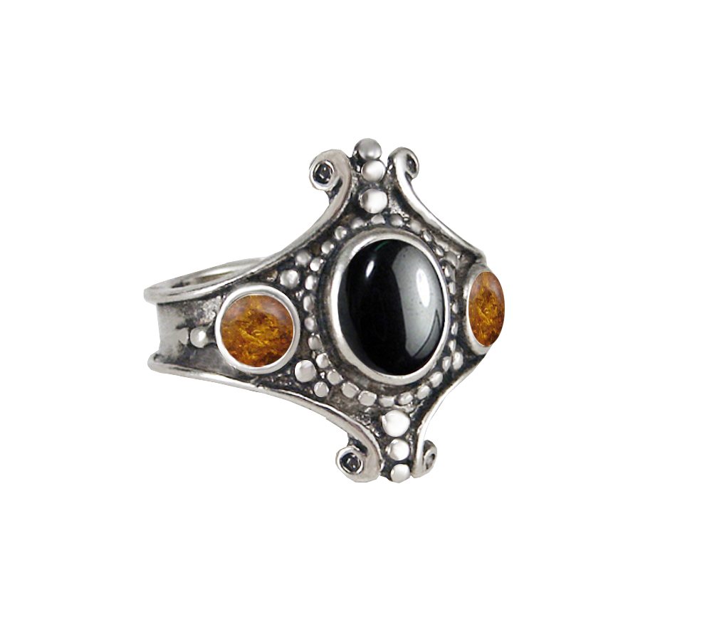 Sterling Silver Imperial Ring With Hematite And Amber Size 8